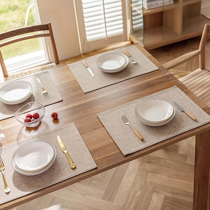Demetex Linen Placemats Set of 4 Heat Resistant Cloth Place Mats Wipeable Fabric Placemats for Dining Table Indoor Restaurants, 13 x 19 inches, Linen