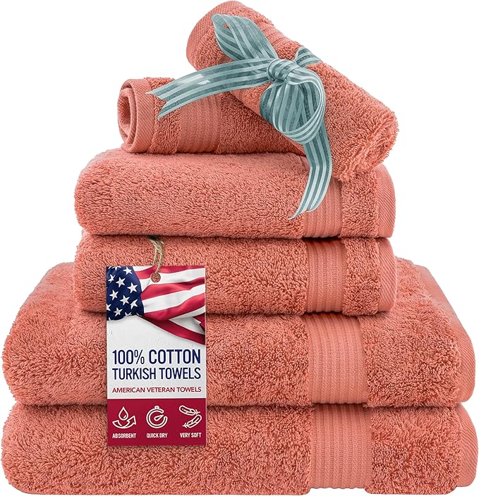 American Veteran Towel, 6 Piece Towel Set for Bathroom, 100% Cotton Turkish Bathroom Towels, 2 Bath Towels 2 Hand Towels 2 Washcloths, Coral