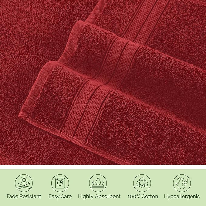Elegant Comfort Luxury 6-Piece Towel Set, Premium Soft 100% Turkish Cotton, Three Line Popcorn Design 2 Bath Towels, 2 Hand Towels and 2 Washcloths Towel Set - Quick-Drying and Absorbent, Burgundy