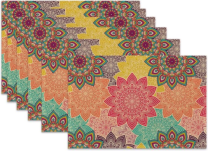 Boho Mandela Linen Placemats Set of 6,12x18 Inch Vintage Ethnic Floral Washable Table Mats Heat Resistant Place Mats for Home Party Kitchen Dining Decoration