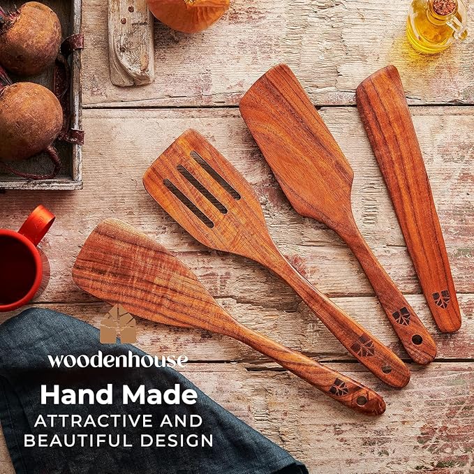 Wooden Spatula for Cooking - Natural Teak Wood Spatula for Non Stick Frying Pan - Wooden Cooking Utensils Set of 4 Including Paddle, Turner, Slotted Spurtle and Wood Scraper - Long Ergonomic Handles