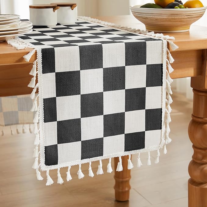 Ohocut Checkered Table Runner with Tassel Black and White Farmhouse Rustic Vintage Retro Linen Table Runner 72 Long for Dinning Race Party Decoration 13''x72''