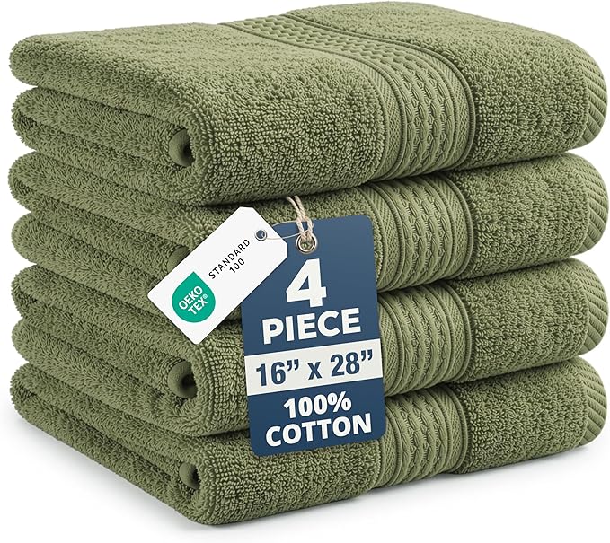 LANE LINEN Bath Hand Towels for Bathroom - 4 Pack (16" x 28"), 100% Cotton Hand & Face Towels Set - Soft, Prevent Fraying & Machine Washable - Everyday Family Towel, Gets Softer Each Wash - Oil Green