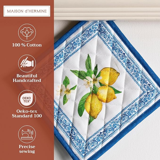 Maison d' Hermine Pot Holders 100% Cotton Heat Resistant Potholders 8" x 8" Hot Pads with Loop BBQ Cooking Baking Gifts for Mothers Day Handling Hot Pans Spring/Summer (Pack of 1, Cedrat)