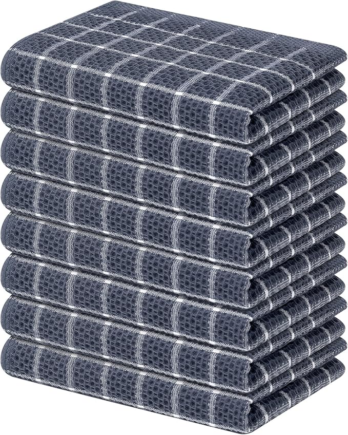 Homaxy 100% Cotton Kitchen Towels 8 Pack-15 X 25 Inches, Check Design Waffle Weave Hand Tea Towels, Super Soft and Absorbent Dish Towel for Drying Dishes, Grey