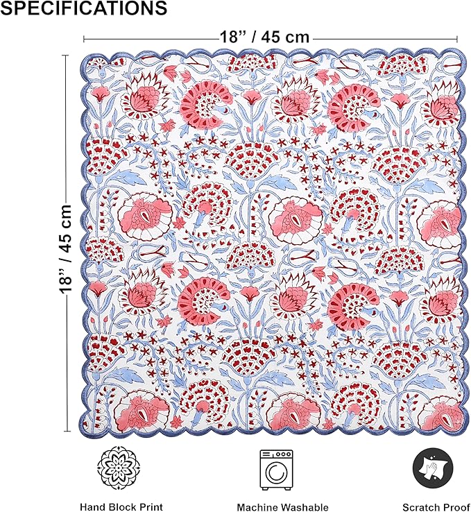 Ridhi Hand Block Print Pigeon Blue 18" x 18" (Set of 4) Embroidery Table Napkins Reusable Cotton Dinner Napkins for Weddings, Parties, Everyday Dining Gift for Spring, Easter, Valentine