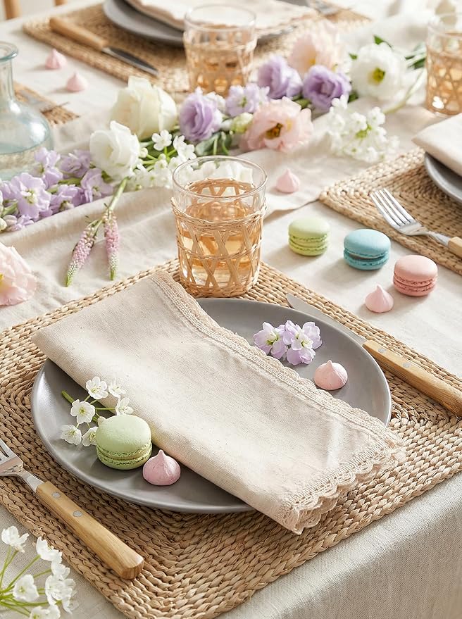 Flax Lace Cloth Dinner Napkins Set of 4 Natural - 20x20 Inches, Premium Cotton Linen Reusable Dinning Table Napkin Ideal for Spring, Easter, Birthday | Washable Everyday Use Napkin for Banquet Event