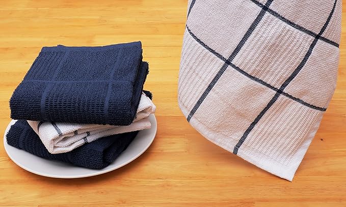 AMOUR INFINI Kitchen Towels Pack of 4, Terry Cotton Dish Towels, Ultra Absorbent, Quick Drying Hand & Tea Towels, Soft Durable Cleaning Cloths with Hanging Loop, 16 x 26 Inch (Navy/Blue)