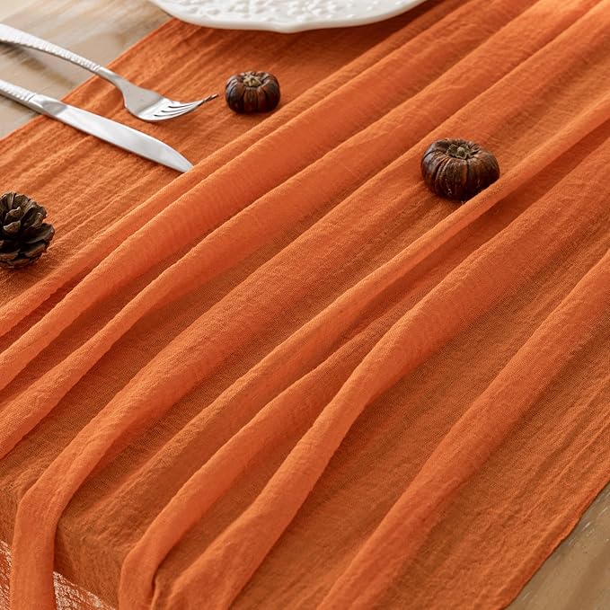 Keketoarrange Orange Spring Easter Gauze Rustic Cheesecloth Table Runner 120 Inch 10 FT for Wedding Baby Shower Bridal Shower Birthday Engagement Garden Outdoor Party Long Sheer Boho Decorations