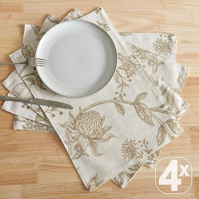 JINCHAN Linen Floral Placemats Set of Cloth Table Mats Rustic Cottagecore Botanical Outdoor Seasonal for Kitchen Dining Decor Heat Resistant Non-Slip Washable Tablemats 13x19 Inch Tan