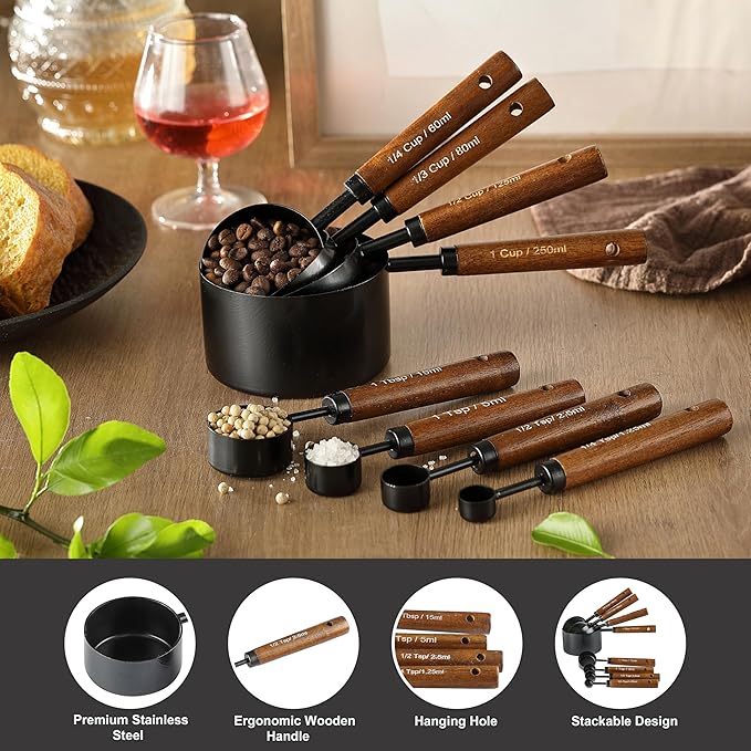 8PCS Measuring Cups and Spoons Set, DV Stainless Steel Measuring Cups with Ergonomic Wooden Handle for Cooking & Baking