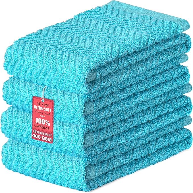 DecorRack 100% Cotton Kitchen Towels, 15" x 25" Absorbent Dish Towels [Premium Quality 400 GSM] Light Turquoise (Pack of 4)