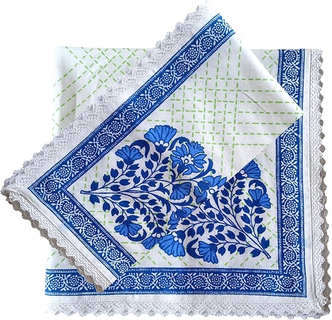 FINGERCRAFT Dinner Cloth Napkins Cotton Blend Set of 12 Premium Quality Mitered Corner with Natural Lace for Home Restaurant Wedding Christmas Napkins Cloth 20 inch Banquet Print with Lace