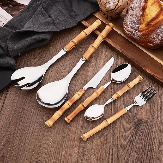 Bamboo Handle Silverware Set, 24-Piece Flatware Set for 6, Stainless Steel Cutlery Eating Utensils Include Forks Spoons and Knives for Daily Use and Party, Reusable and Modern Design