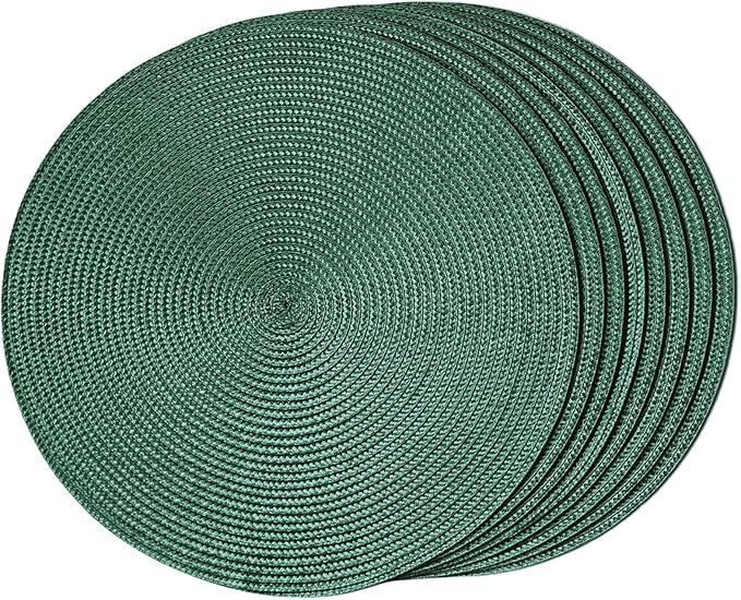FunWheat Round Braided Placemats Set of 8 Table Mats for Dining Tables Woven Washable Non-Slip Place mats 15 inch(Black Green,8pcs)