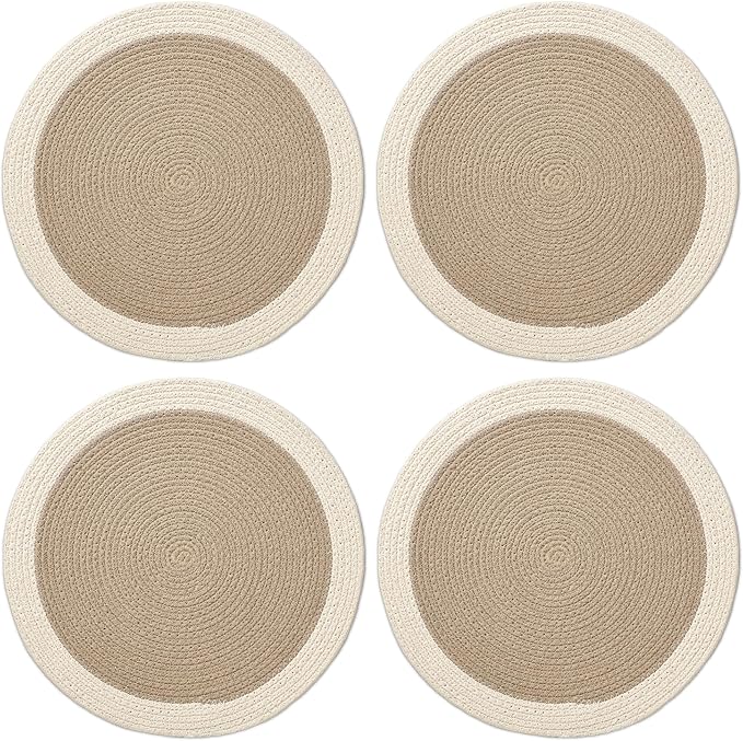 Encasa XO Dining Placemats Set of 4 | Cotton Round Table Mat - 13 in Diameter | Beige & Off White | Handmade Rib Style Chargers for Dinner Plates