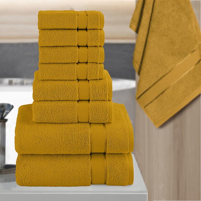 Elegant Comfort Premium Cotton 8-Piece Towel Set, Includes 4 Washcloths, 2 Hand Towels and 2 Bath Towels, 100% Turkish Cotton - Highly Absorbent and Super Soft Towels for Bathroom, Gold