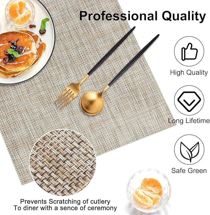 Vinyl Placemats Set of 6, PVC Woven Washable Non-Slip Table Mats, Heat Resistant Wrinkle Free Place Mats for Dining Table, Easy to Clean (6, Caramel)