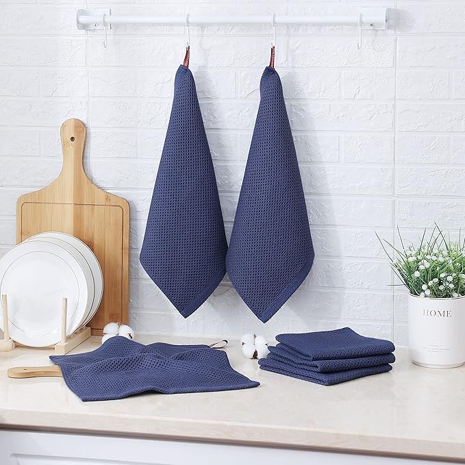 Kitinjoy 100% Cotton Kitchen Dish Cloths (12 X 12 Inches, Navy Blue), 8 Pack Waffle Weave Ultra Soft Absorbent Dish Towels for Drying Dishes Quick Drying Kitchen Towels Dish Rags