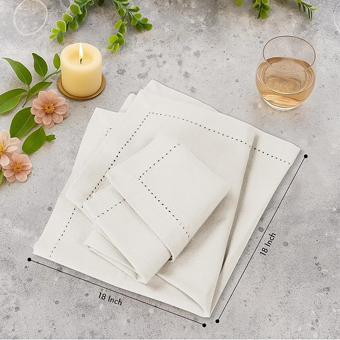 Ruvanti Cloth Napkins Set of 12, 100% Cotton High GSM 18x18 Inches, Hem Stitched Corners, Soft, Washable, Durable & Absorbent, Perfect for Parties, Christmas, Thanksgiving Dinners – Antique White