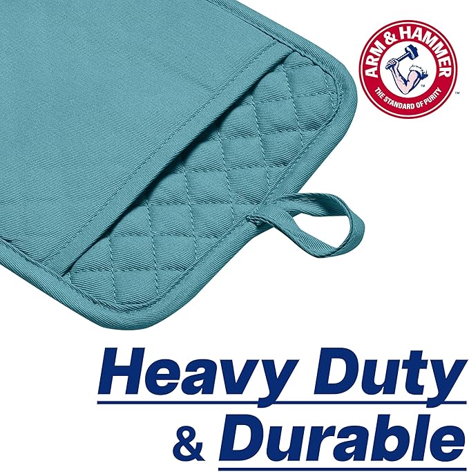 Arm & Hammer Quilted Pot Holders, Heat Resistant, Non-Slip Silicone Grip, 2 Pack, Teal