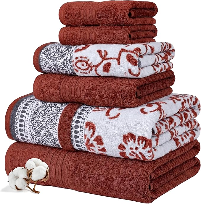 Modern Threads Floral Trail 6-Piece 100% Cotton Towel Set – Reversible Yarn Dyed Jacquard – Includes 2 Bath Towels, 2 Hand Towels, 2 Washcloths – Absorbent, Quick Dry, Soft & Durable – Rust Orange