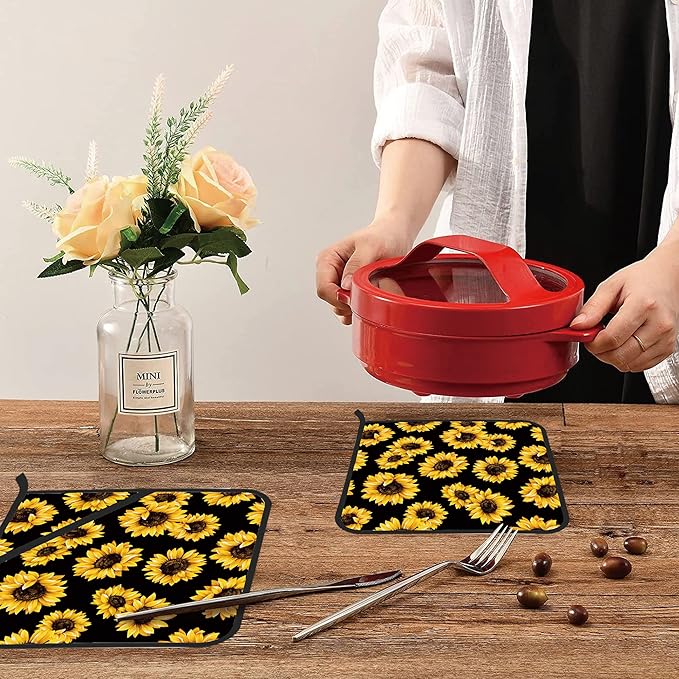 Sunflower Floral Pot Holders Set of 2 Kitchen Heat Resistant Potholder for Microwave Cooking Baking Oven End Dishes and BBQ