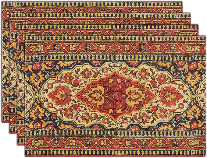 comfoyar Boho Vintage Red Placemats Set of 4, 12x18Inch Non-Slip Linen Bohemia Flower Place Mats, Washable Absorbent Rustic Country Style Table Mats for Framhouse Kitchen Dining Party Table Decoration
