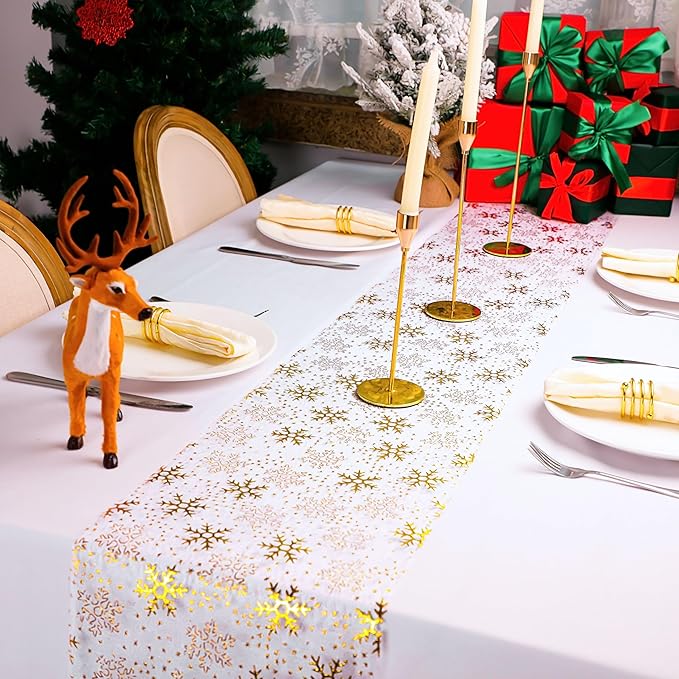 Snowkingdom 2 Pcs Christmas Snowflake Gold Table Runner Sparkly Golden Metallic Foil Runners Decorations Glitter for Winter Festival Holiday Home Party Seasonal