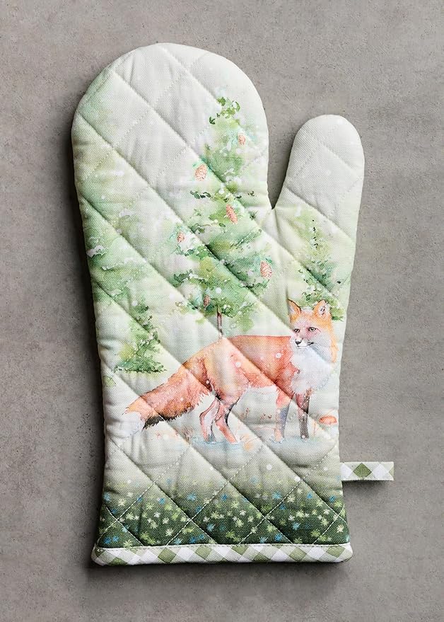 Maison d' Hermine Oven Gloves 100% Cotton Oven Mitt 7" x 13" with Loop Heat Resistant BBQ Cooking Gloves for Thanksgiving Christmas Decorations Baking Handling Hot Pans (Pack of 1, Winter Mornings)
