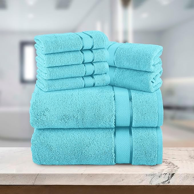 Elegant Comfort Premium Cotton 8-Piece Towel Set, Includes 4 Washcloths, 2 Hand Towels and 2 Bath Towels, 100% Turkish Cotton - Highly Absorbent and Super Soft Towels for Bathroom, Aqua