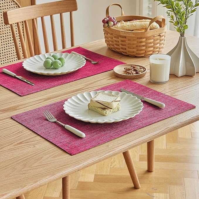 Softalker Faux Linen Placemats Set of 12-12 x 18 Inch, Heat Resistant Double Layered Durable Burlap Farmhouse Place Mats, Non-Slip Washable Rustic Table Mats for Dining, Kitchen, Party（Pink