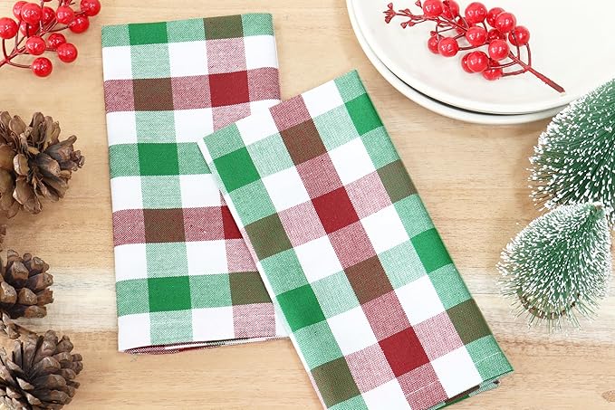 PurpleEssences Buffalo Plaid Cloth Napkins - Mitered Corners - Spring Easter Summer - Gingham Check Dinner Napkin - Set of 12-100% Cotton - 18x18 Inch - Reusable Washable - Red Green White