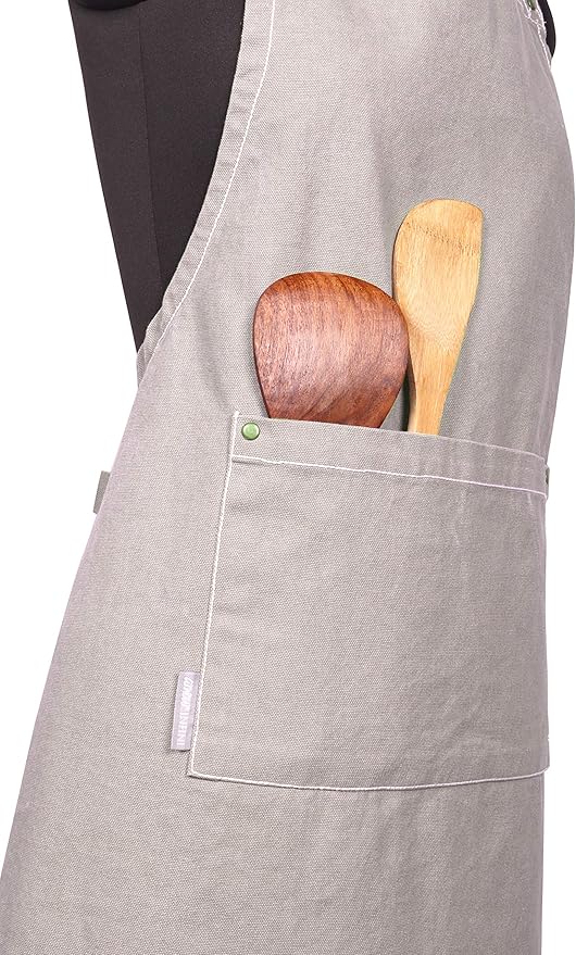 AMOUR INFINI Cotton Solid Aprons for Women with Pocket, Adjustable Strap and Waist Ties Washed Chef Aprons for Cooking, Baking and Gardening (27.5x33 Inches - Beige)