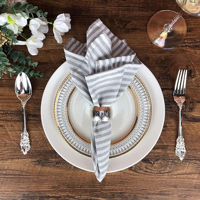 Plain Striped Cotton Linen Blended Dinner Cloth Napkins - Set of 12 (40 x 30 cm) - for Events & Home Use (Grey)