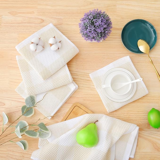 Homaxy 100% Cotton Waffle Weave Check Plaid Dish Cloths, 12 x 12 Inches, Super Soft and Absorbent Dish Towels Quick Drying Dish Rags, 6-Pack, White & Beige