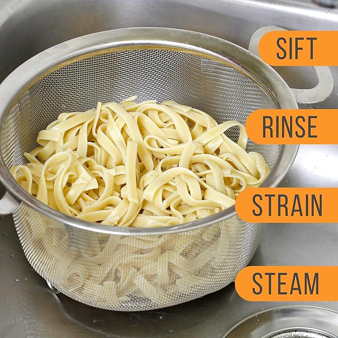 U.S. Kitchen Supply Stainless Steel Colander Strainer Basket - 3-Quart Colander with Resting Feet & Handles - Wide Rim Sieve, Stainless Steel Strainers and Colanders for Kitchen