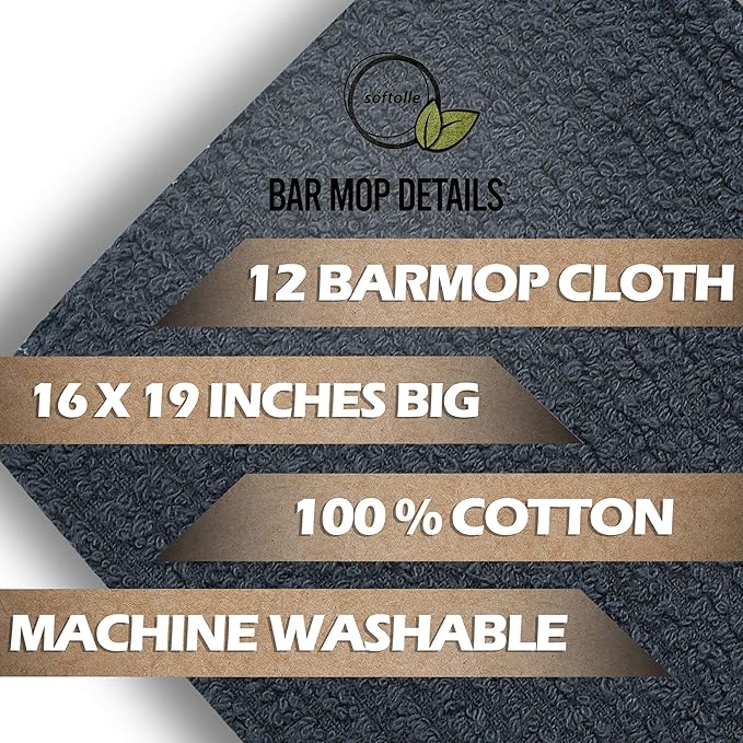Softolle Bar Mop Towels, Pack of 12-16x19 Inches - 100% Cotton Super Absorbent Towels, Multi-Purpose for Home and Bar Cleaning (Grey)