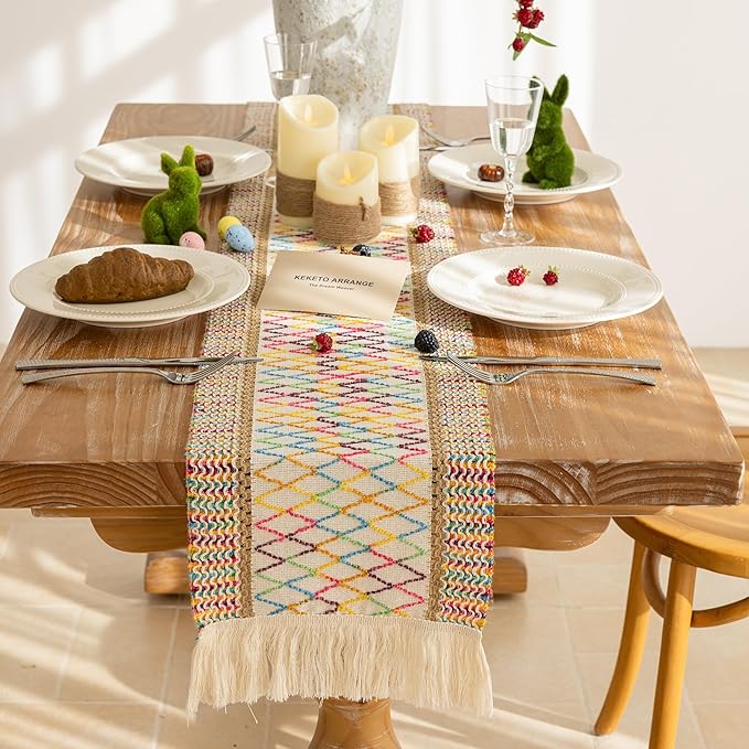 Keketoarrange Boho Spring Table Runner Colorful for Home Decorations 12x72 Inches Farmhouse Small Macrame Woven Burlap Rustic Coffee Dresser Table Runner Dining Kitchen Centerpiece Bohemian Decor