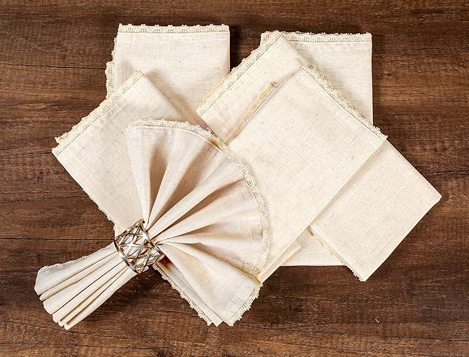 Lightnpro Cloth Dinner Napkins in Cotton Flax Fabric with Lace & Tailored Mitered Corners – 18x18 Inch Set of 12, Wedding, Baby Shower & Cocktail Napkin, Machine Washable Fabric Napkins Natural Color