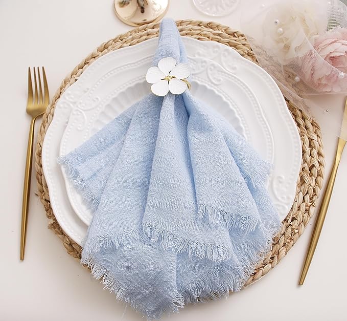 Cloth Napkins with Fringe Set of 6,100% Natural Soft Cotton, Gauze Washable Napkins for Wedding Decorative Dinner Parties Easter Spring, Valentine's Day (16''*16'') (Light Blue)