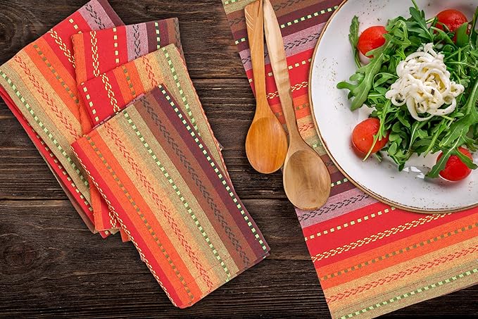 Lightnpro Christmas Red Multi Salsa Stripes Cloth Napkins Set of 12 - Wedding, Christmas & Holiday Table Cloth Napkins Machine Washable for Special Occasions & Everyday Use - 18x18 Inch Red Multi