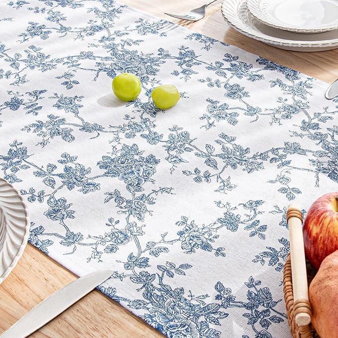 Vintge Blue Floral Table Runner - 14 x 72 Inch - French Country Linen Table Runners 72 Inches Long for Holiday Kitchen Dining Wedding Home Party Decoraion,Vintage Floral