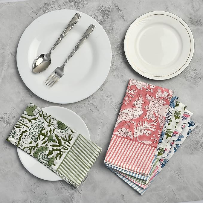 CPC Stripe Border Indian Block Print Cotton Cloth Napkins Set of 4, 18x18 Reusable Everyday Napkins, Soft, Absorbent, Floral Dinner Napkin, Holiday, Party Gift, Spring,Mother's Day