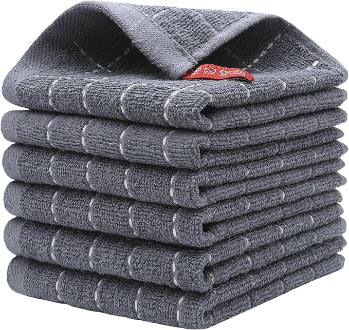 Cotton Terry Dish Cloths, Absorbent Dish Towels for Kitchen Drying, Soft Wash Cloths Multipurpose Dish Rags for Washing Dishes, 12 x 12 Inches, Set of 6 (Grey)
