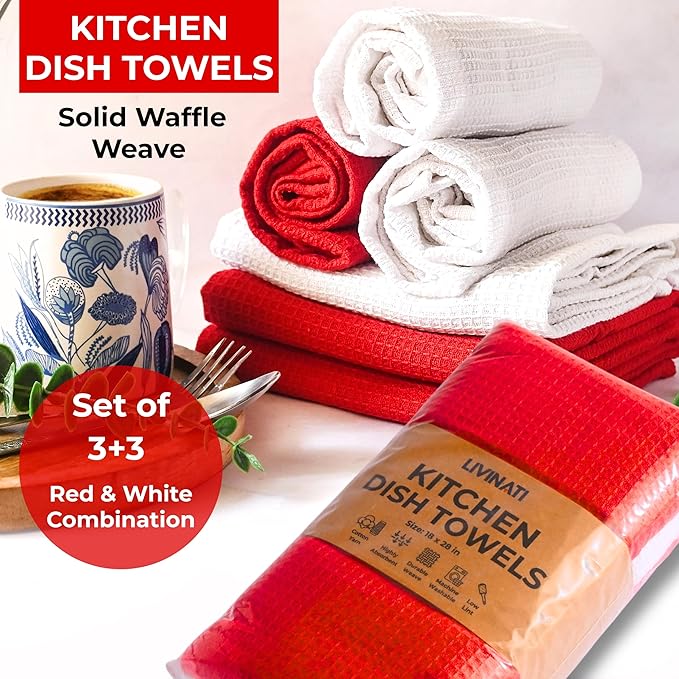 Highly Absorbent Cotton Dish Towels for Drying - Set of 3+3 - Red + White Kitchen Towels - 18"X28" Lint Free Waffle Weave Cloth Linen Hand Bathroom Bulk Dishtowels