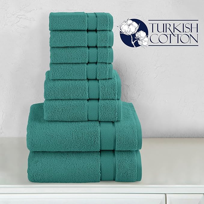 Elegant Comfort Premium Cotton 8-Piece Towel Set, Includes 4 Washcloths, 2 Hand Towels and 2 Bath Towels, 100% Turkish Cotton - Highly Absorbent and Super Soft Towels for Bathroom, Turquoise