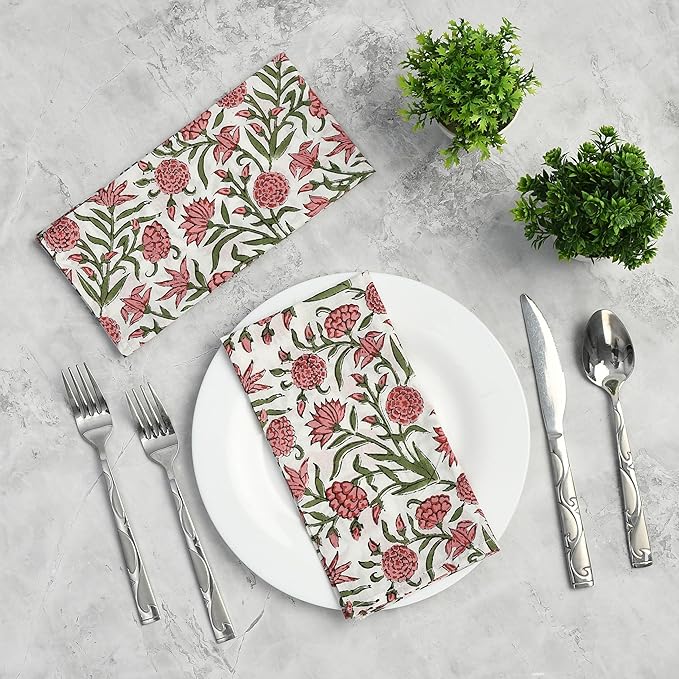 CPC Red Garnet Indian Block Print Cotton Cloth Napkins Set of 4, 18x18 Reusable Everyday Napkins, Soft, Absorbent, Floral Dinner Napkin, Holiday, Party Gift, Spring,Mother's Day