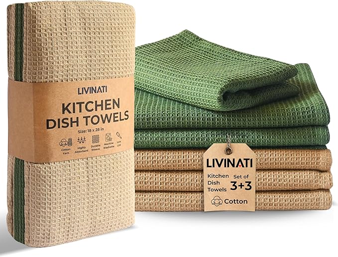 Highly Absorbent Cotton Dish Towels for Drying - Set of 3+3 - Sage Green + Beige Kitchen Towels - 18"X28" Lint Free Waffle Weave Cloth Linen Hand Bathroom Bulk Dishtowels