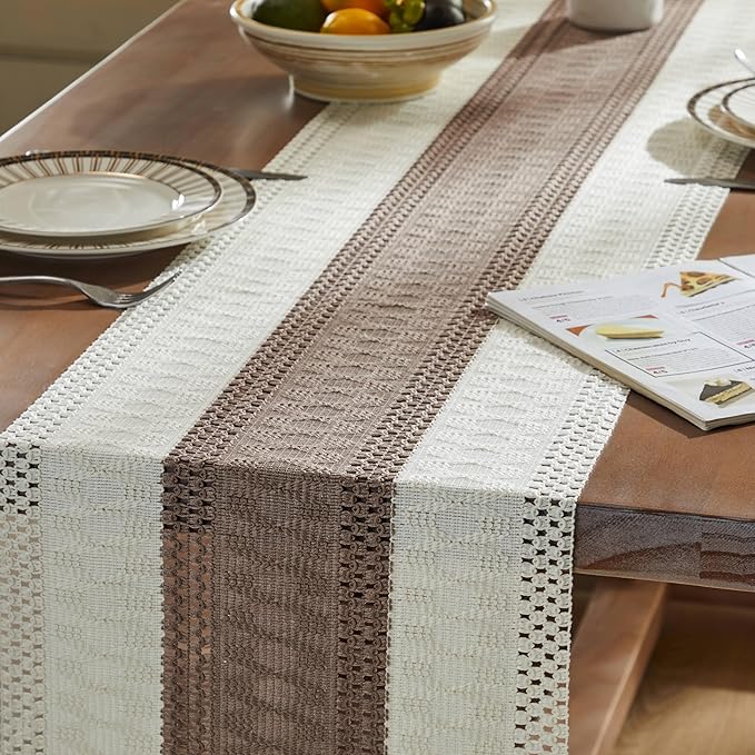 ZeeMart Macrame Style Bicolor Stitching Table Runner, 14 x 90 Inch Cocoa Brown/Ivory, Boho Brown Table Runners 90 Inches Long, Farmhouse Woven Home Decor
